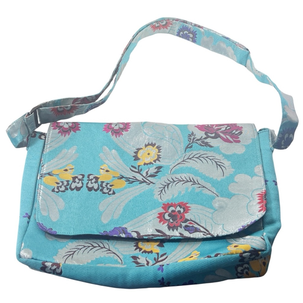 Turquoise Blue Floral Jacquard Messenger Bag Boho Bohemian Garden Botanical